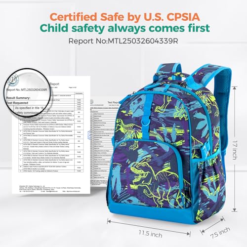 Choco Mocha Dinosaur Backpack for Boys, Elementary School Backpack for Boys Ages 6-8 Kids Kindergarten Backpack Bookbag 17 Inch with Chest Strap, Blue - Image 3