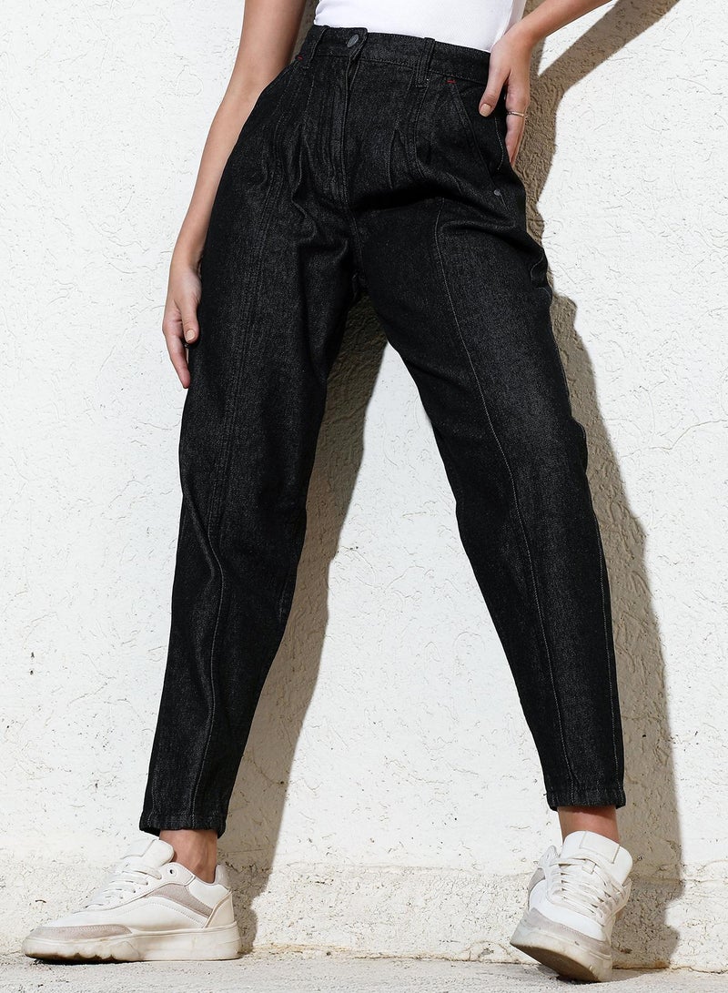 Campus Sutra Women's Charcoal Black Dark-Wash Tapered Denim Jeans For Casual Wear | High-Waist | Regular Fit | Button Closure | Denim Jeans Crafted With Comfort Fit For Everyday Wear - Image 1