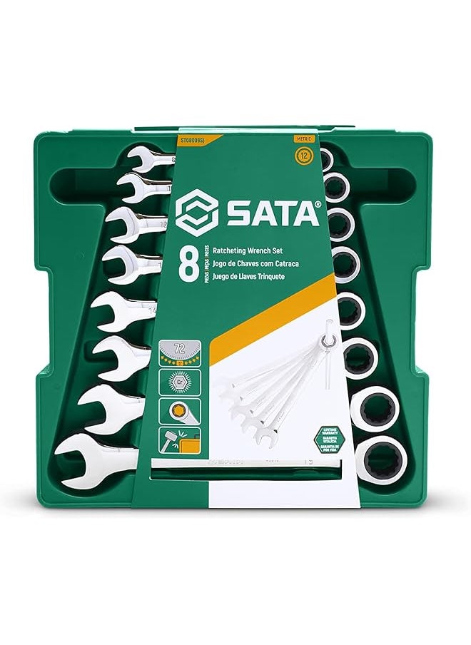 Sata SATA ST08008SJ 8-Piece Metric Ratcheting Wrench/Spanner Set, Polished, Sizes 8mm - 19mm, in Blow Mold Case  - Image 1