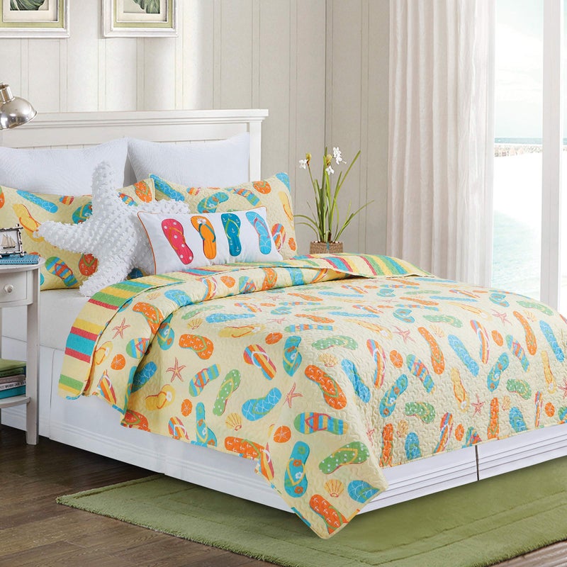 CF Home Sunny Splash Flip Flops FullQueen Bed Quilt Set with 2 Shams All Season Reversible Lightweight Microfiber Summer Beach Ocean Coastal Bedding Bedspread Coverlet FullQueen 3 Piece Set Yellow