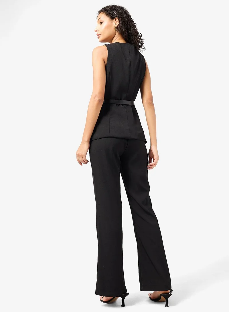 Ginger Belted Button Up Longline Vest & Straight Fit Pant Coord Set