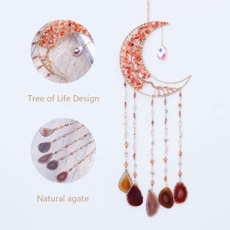 Dreamsum Agate Moon Dream Catchers with Crystal 7 Chakra Gemstone Dream Catchers Color Natural Gem Agate Wall Hangings Room Garden Dreamcatchers Decor (Orange) - Image 2
