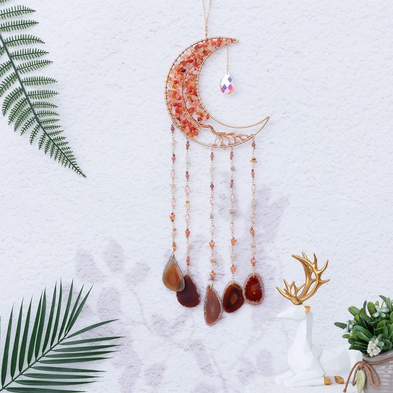 Dreamsum Agate Moon Dream Catchers with Crystal 7 Chakra Gemstone Dream Catchers Color Natural Gem Agate Wall Hangings Room Garden Dreamcatchers Decor (Orange) - Image 4