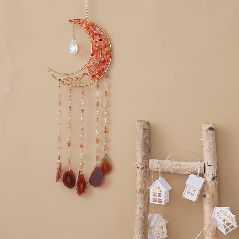 Dreamsum Agate Moon Dream Catchers with Crystal 7 Chakra Gemstone Dream Catchers Color Natural Gem Agate Wall Hangings Room Garden Dreamcatchers Decor (Orange) - Image 5