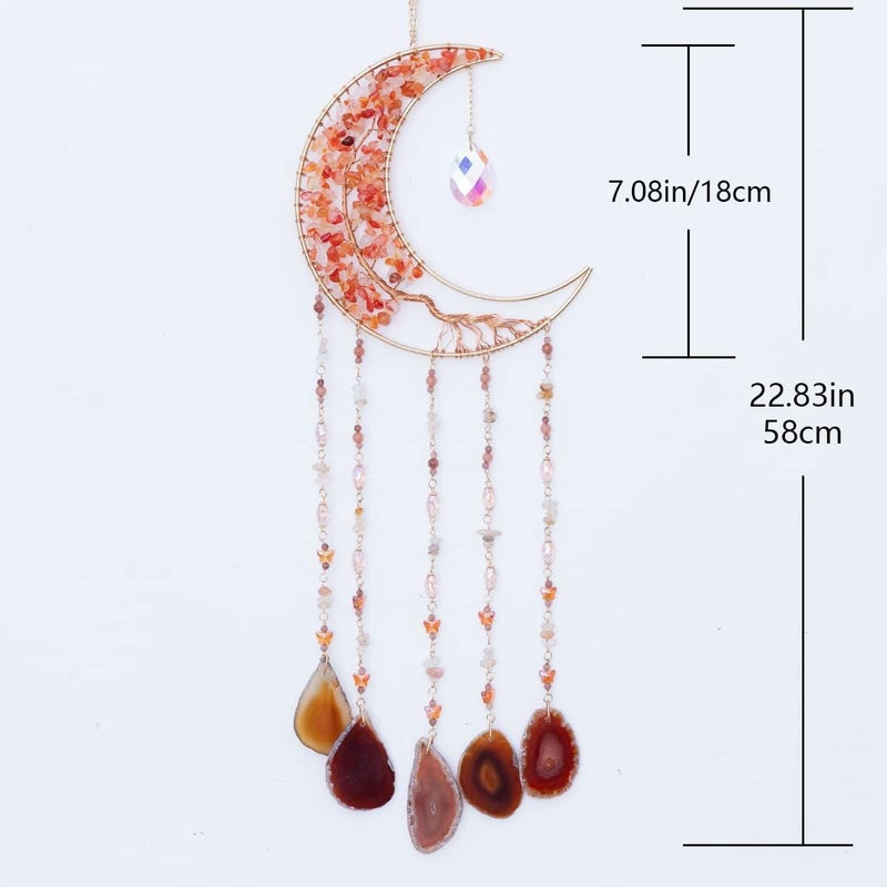 Dreamsum Agate Moon Dream Catchers with Crystal 7 Chakra Gemstone Dream Catchers Color Natural Gem Agate Wall Hangings Room Garden Dreamcatchers Decor (Orange) - Image 3