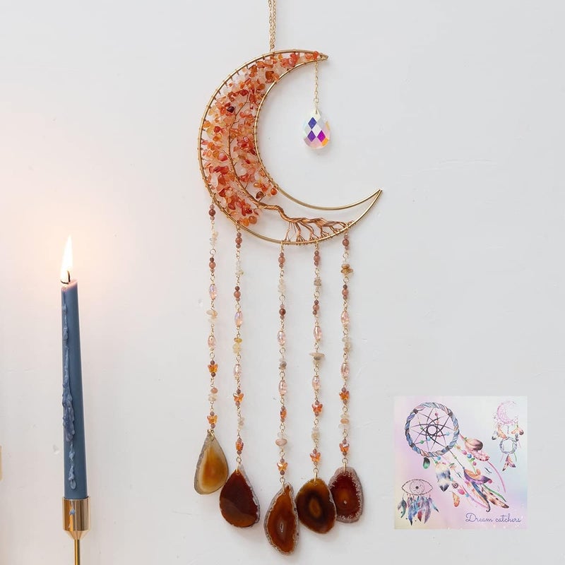 Dreamsum Agate Moon Dream Catchers with Crystal 7 Chakra Gemstone Dream Catchers Color Natural Gem Agate Wall Hangings Room Garden Dreamcatchers Decor (Orange) - Image 1