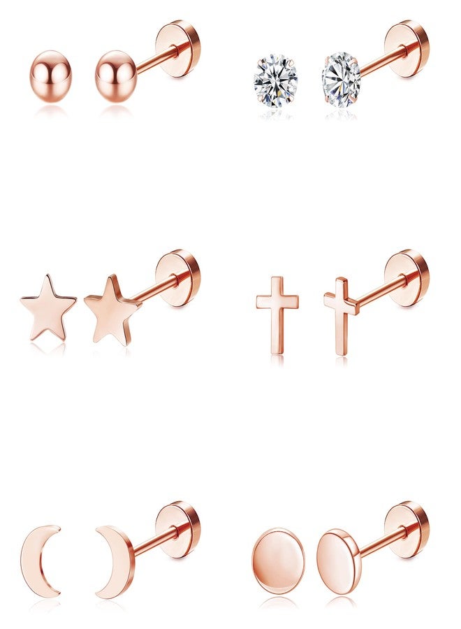 MJust Hypoallergenic G23 Titanium Earrings for Women & Men – Flatback Studs with Moon, Star & CZ Designs for Sensitive Ears (Rose Golden) - Image 1