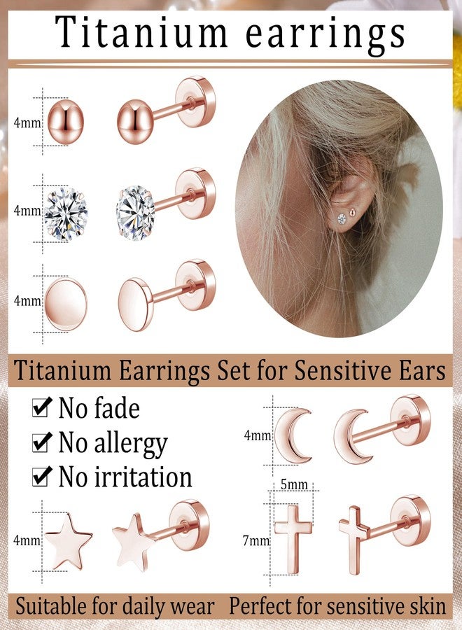 MJust Hypoallergenic G23 Titanium Earrings for Women & Men – Flatback Studs with Moon, Star & CZ Designs for Sensitive Ears (Rose Golden) - Image 2