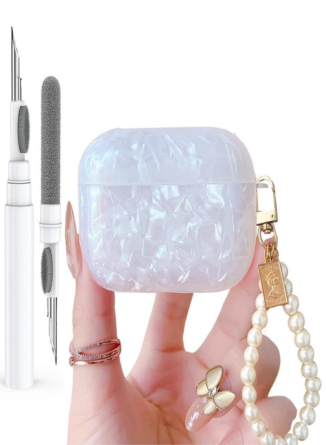 Olytop for Cute Glitter Airpods Pro 2nd/1st Generation Case with Cleaner Pen, Shell Pattern Airpods iPod Pro 2 Gen Cover Protective Skin Girl Women with Luxury Pearl Keychain 2023/2022/2019 - White - Image 1