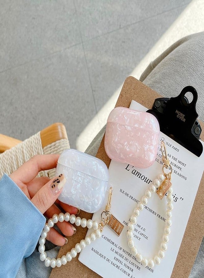 Olytop for Cute Glitter Airpods Pro 2nd/1st Generation Case with Cleaner Pen, Shell Pattern Airpods iPod Pro 2 Gen Cover Protective Skin Girl Women with Luxury Pearl Keychain 2023/2022/2019 - White - Image 3