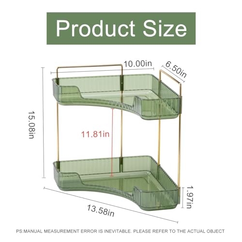 Dravina 2 Tier Makeup Organizer Storage Box| Cosmetic Vanity Tray For Makeup, Stationary|Storage Organizer, Bathroom Organizer| Dressing Table |Gifts for women-38cm (Green/Gold) - Image 3