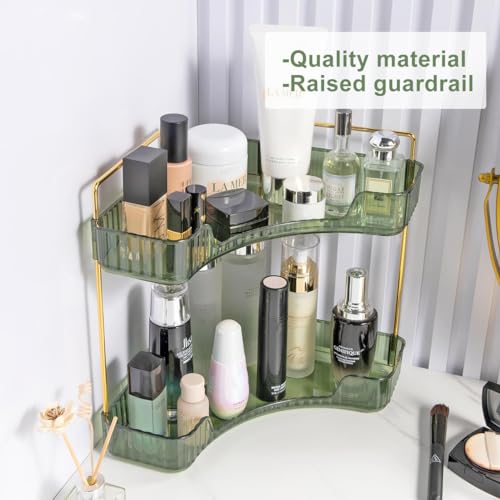 Dravina 2 Tier Makeup Organizer Storage Box| Cosmetic Vanity Tray For Makeup, Stationary|Storage Organizer, Bathroom Organizer| Dressing Table |Gifts for women-38cm (Green/Gold) - Image 2