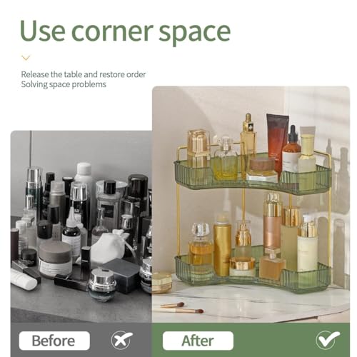 Dravina 2 Tier Makeup Organizer Storage Box| Cosmetic Vanity Tray For Makeup, Stationary|Storage Organizer, Bathroom Organizer| Dressing Table |Gifts for women-38cm (Green/Gold) - Image 4