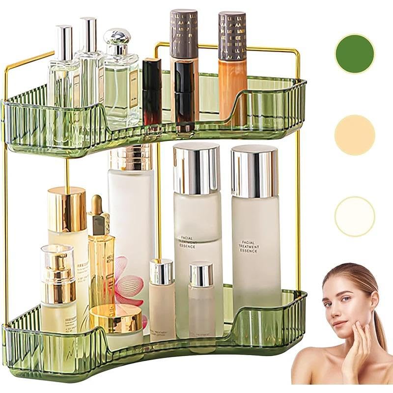 Dravina 2 Tier Makeup Organizer Storage Box| Cosmetic Vanity Tray For Makeup, Stationary|Storage Organizer, Bathroom Organizer| Dressing Table |Gifts for women-38cm (Green/Gold) - Image 1