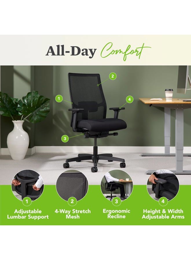 HON Ignition 2.0 Mid-Back Adjustable Lumbar Work Mesh Computer Chair for Office Desk (Black Fabric) - Image 4