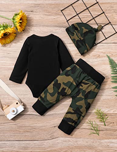 Fommy Newborn Baby Boy Outfit Infant Clothes New to The Crew Print Romper+Camo Pants+Hat Camouflage Fall Winter 3PCS Outfits Set 0-3 Months - Image 4