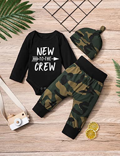 Fommy Newborn Baby Boy Outfit Infant Clothes New to The Crew Print Romper+Camo Pants+Hat Camouflage Fall Winter 3PCS Outfits Set 0-3 Months - Image 3