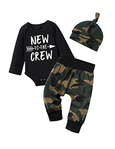 Fommy Newborn Baby Boy Outfit Infant Clothes New to The Crew Print Romper+Camo Pants+Hat Camouflage Fall Winter 3PCS Outfits Set 0-3 Months - Image 1
