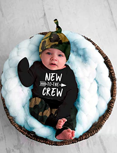 Fommy Newborn Baby Boy Outfit Infant Clothes New to The Crew Print Romper+Camo Pants+Hat Camouflage Fall Winter 3PCS Outfits Set 0-3 Months - Image 2