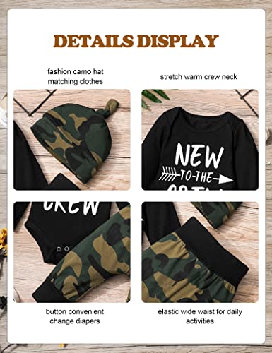 Fommy Newborn Baby Boy Outfit Infant Clothes New to The Crew Print Romper+Camo Pants+Hat Camouflage Fall Winter 3PCS Outfits Set 0-3 Months - Image 5