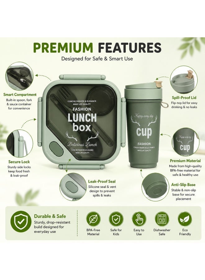 Ebazario Green Insulated Lunch Box with Cup Set Leakproof Bento Food Container with Spoon Fork Airtight Portable Lunch Kit Microwave Safe Meal Box for Office School Travel Stylish Durable Design - Image 5