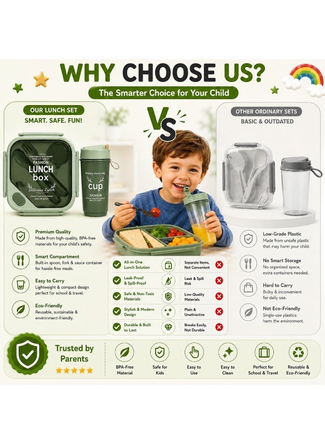 Ebazario Green Insulated Lunch Box with Cup Set Leakproof Bento Food Container with Spoon Fork Airtight Portable Lunch Kit Microwave Safe Meal Box for Office School Travel Stylish Durable Design - Image 2