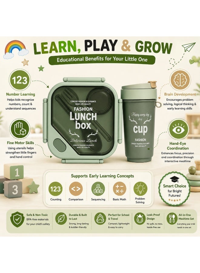 Ebazario Green Insulated Lunch Box with Cup Set Leakproof Bento Food Container with Spoon Fork Airtight Portable Lunch Kit Microwave Safe Meal Box for Office School Travel Stylish Durable Design - Image 3
