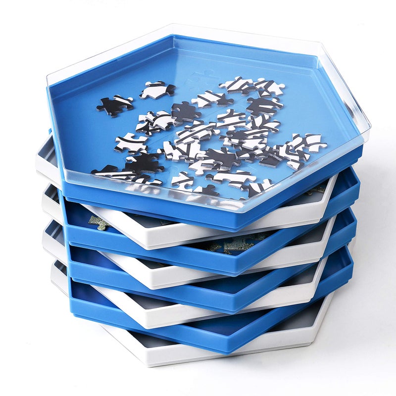Becko US Stackable Puzzle Sorting Trays Jigsaw Puzzle Sorters with Lid Puzzle Accessory for Puzzles Up to 1500 Pieces, 8 Hexagonal Trays in White & Blue - Image 1