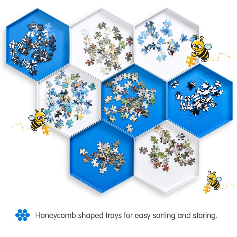 Becko US Stackable Puzzle Sorting Trays Jigsaw Puzzle Sorters with Lid Puzzle Accessory for Puzzles Up to 1500 Pieces, 8 Hexagonal Trays in White & Blue - Image 4