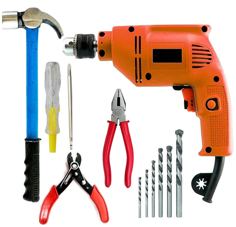MLD XP10RE drill machine 10 mm Reversible 300 watts 2600 rpm With Drill Bit Set PlierTesterWire Cutter Adjustable WrenchClaw Hammer Size 10 mmColorMulti MaterialMetal and Plastic - Image 1