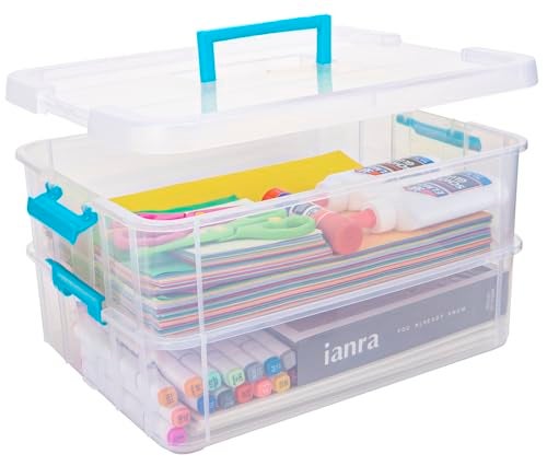 TERGOO 2 Layer Plastic Storage Containers with Lids, Multipurpose Clear Stack & Carry Box, Portable Craft Organizers and Storage Bin for Organizing Art & Craft, Sewing, Makeup, Nail Supplies (Blue) - Image 1