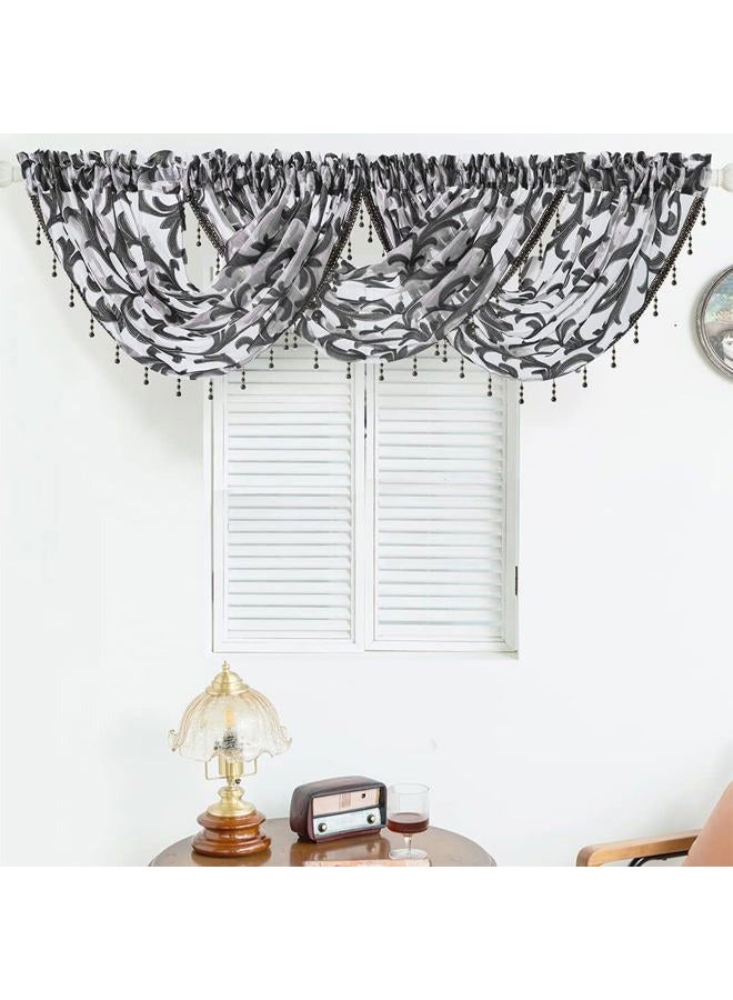 NAPEARL Black Waterfall Window Curtain Valance Jacquard Organza Sheer Bathroom Curtain, Beaded Swag for Small Windows, Kitchen (1 Valance, 40 x 17 Inch) - Image 5
