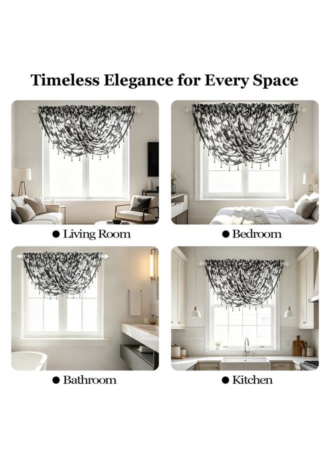 NAPEARL Black Waterfall Window Curtain Valance Jacquard Organza Sheer Bathroom Curtain, Beaded Swag for Small Windows, Kitchen (1 Valance, 40 x 17 Inch) - Image 2