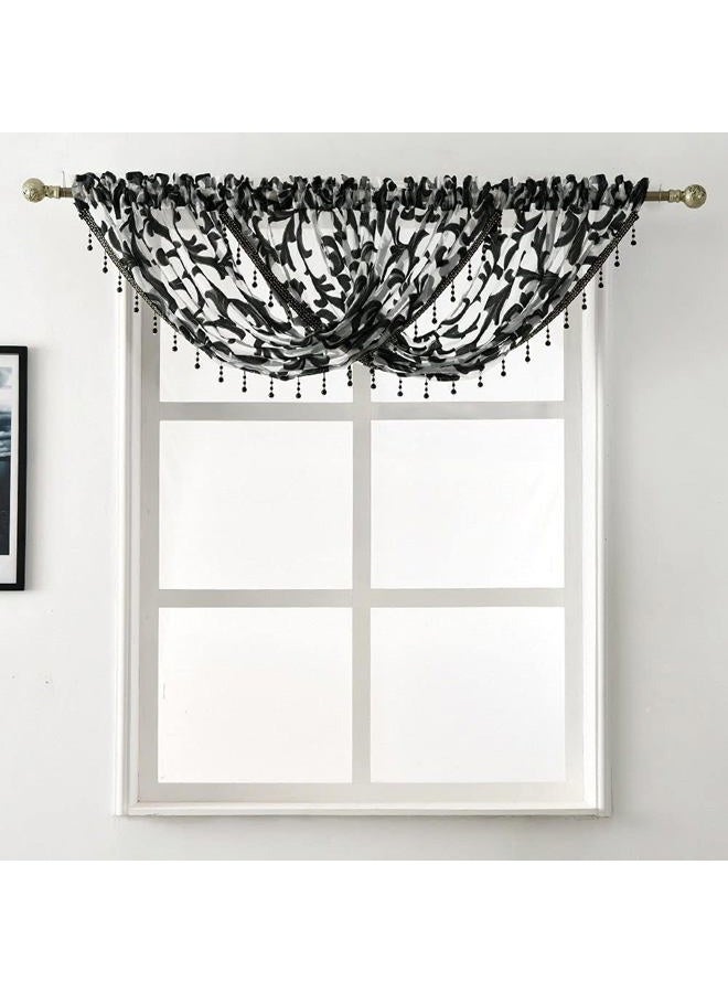 NAPEARL Black Waterfall Window Curtain Valance Jacquard Organza Sheer Bathroom Curtain, Beaded Swag for Small Windows, Kitchen (1 Valance, 40 x 17 Inch) - Image 1