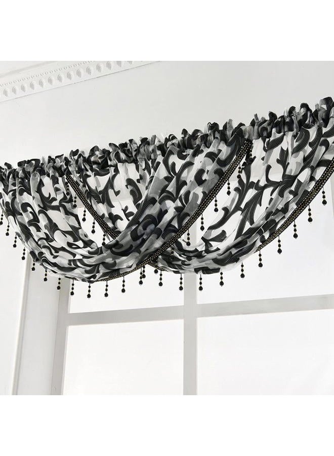 NAPEARL Black Waterfall Window Curtain Valance Jacquard Organza Sheer Bathroom Curtain, Beaded Swag for Small Windows, Kitchen (1 Valance, 40 x 17 Inch) - Image 3
