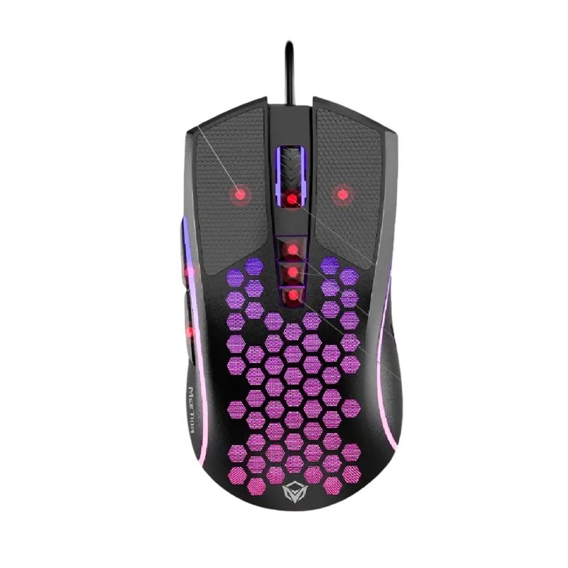 MEETION MT-GM015 Lightweight Wired Gaming Mouse, Honeycomb Design, RGB Lighting, 6400 DPI Optical Sensor, 7 Buttons, 1.8 m Braided USB Cable, Black - Image 3