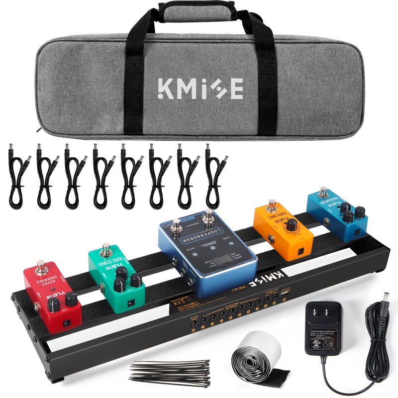 KMISE Guitar Pedalboard with Built-in Power Supply Pedal Board Aluminium Alloy 1.8lb Lightweight 19x5 Inch Black Pedal Board with Power Supply, Carrying Bag, Guitar Pedal Cable, Hook Tape - Image 1