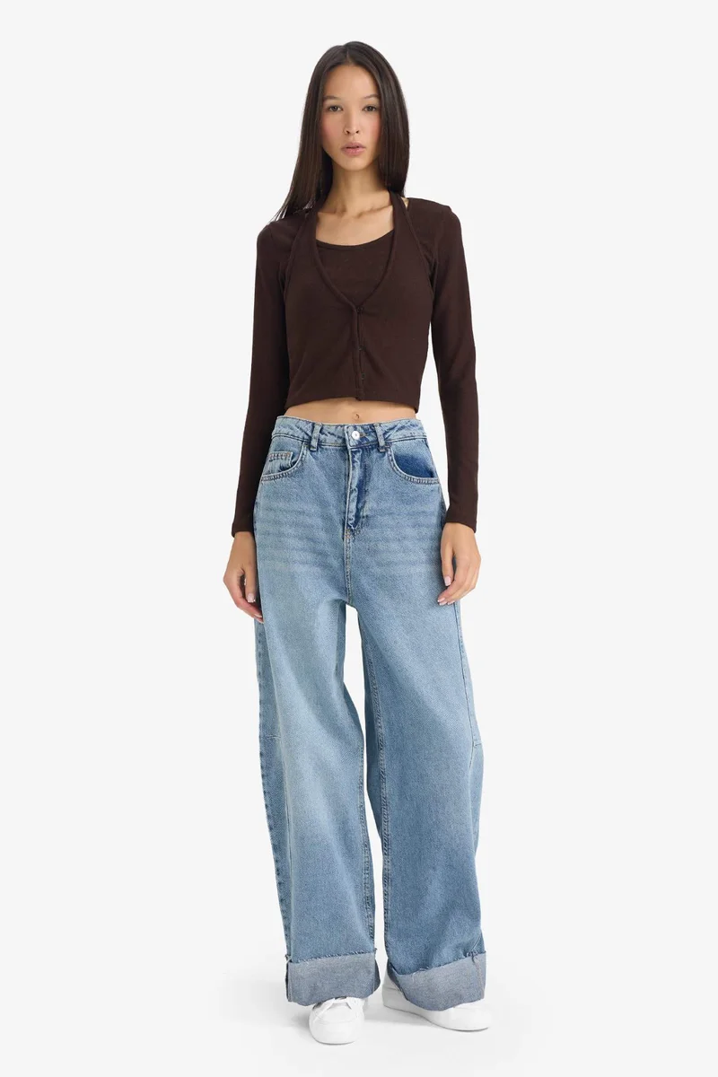 DeFacto Halter Neck Layered Ribbed Long Sleeve T-shirt