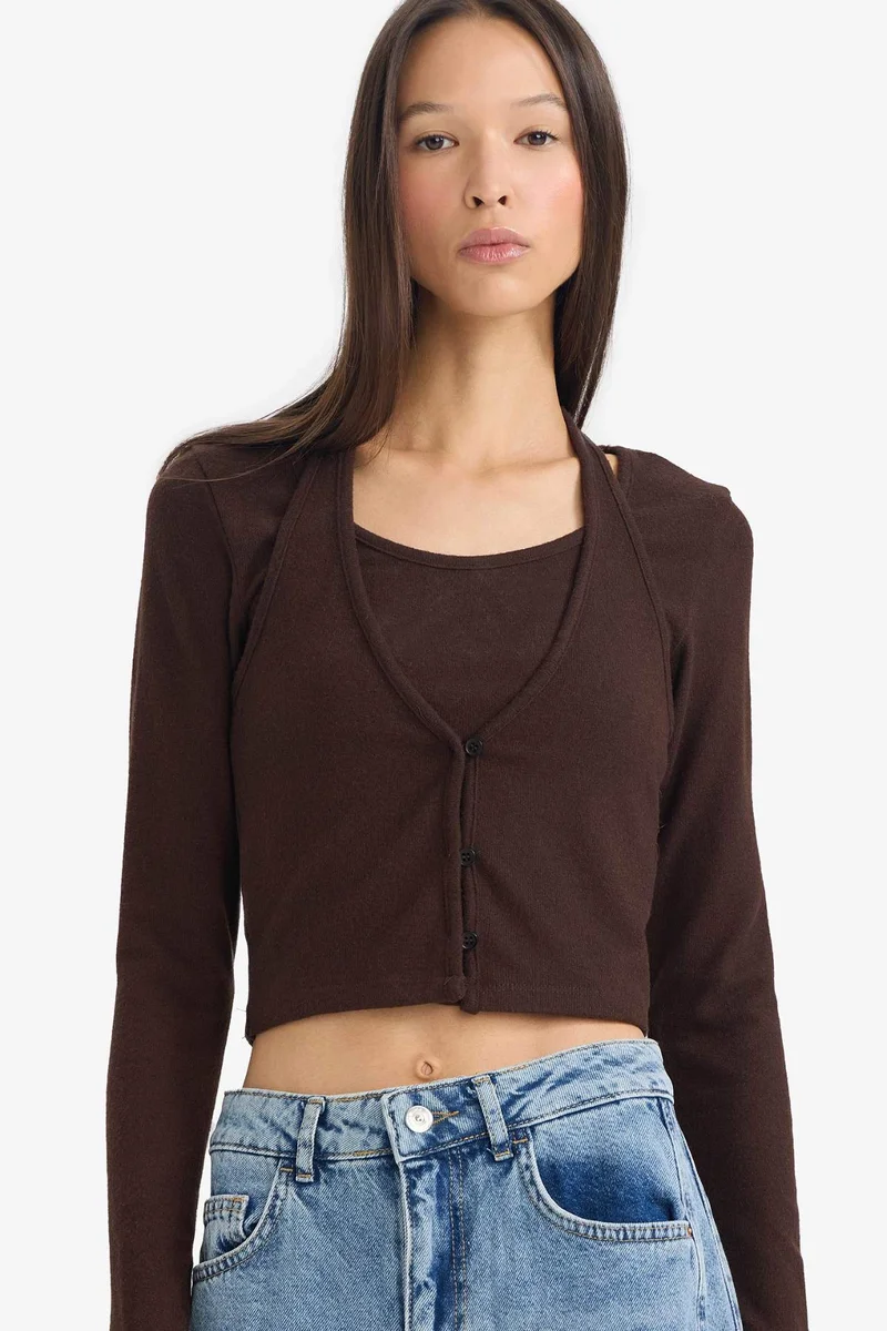 DeFacto Halter Neck Layered Ribbed Long Sleeve T-shirt