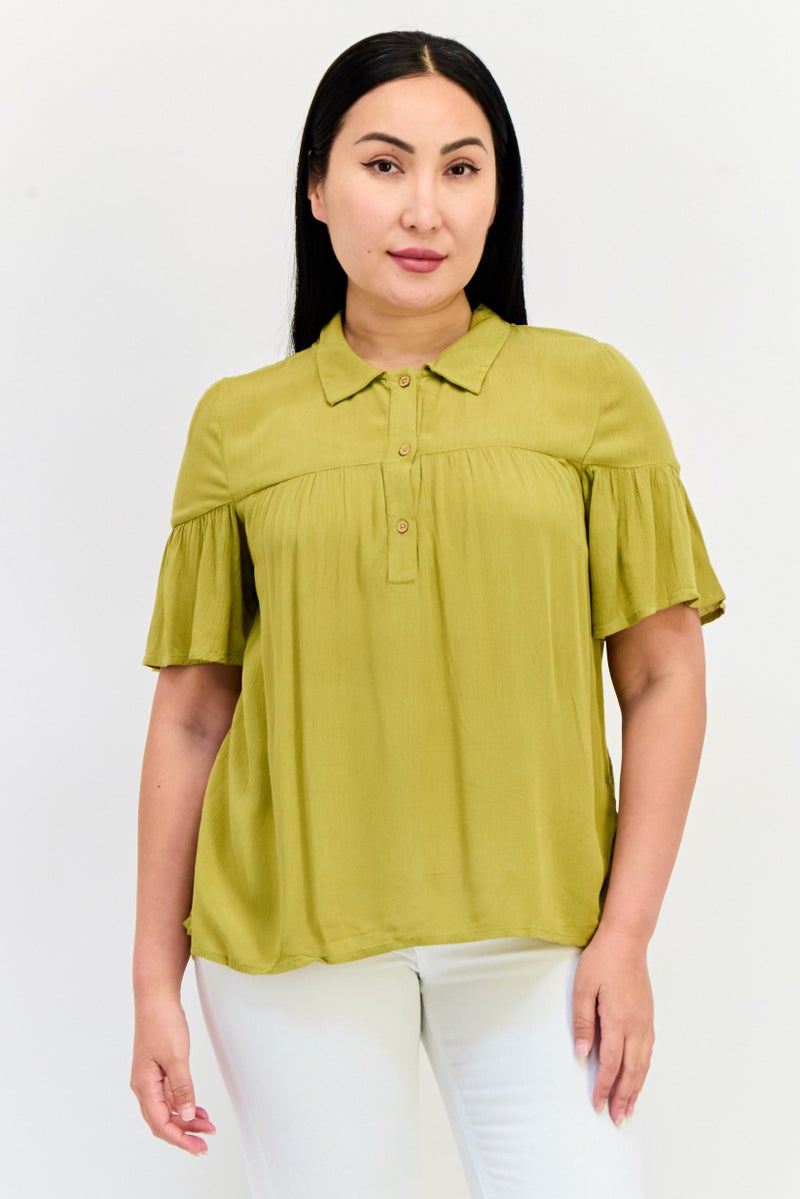 ONLY بلوزة نسائية بأكمام قصيرة وياقة مفتوحة، زيتوني - Image 1