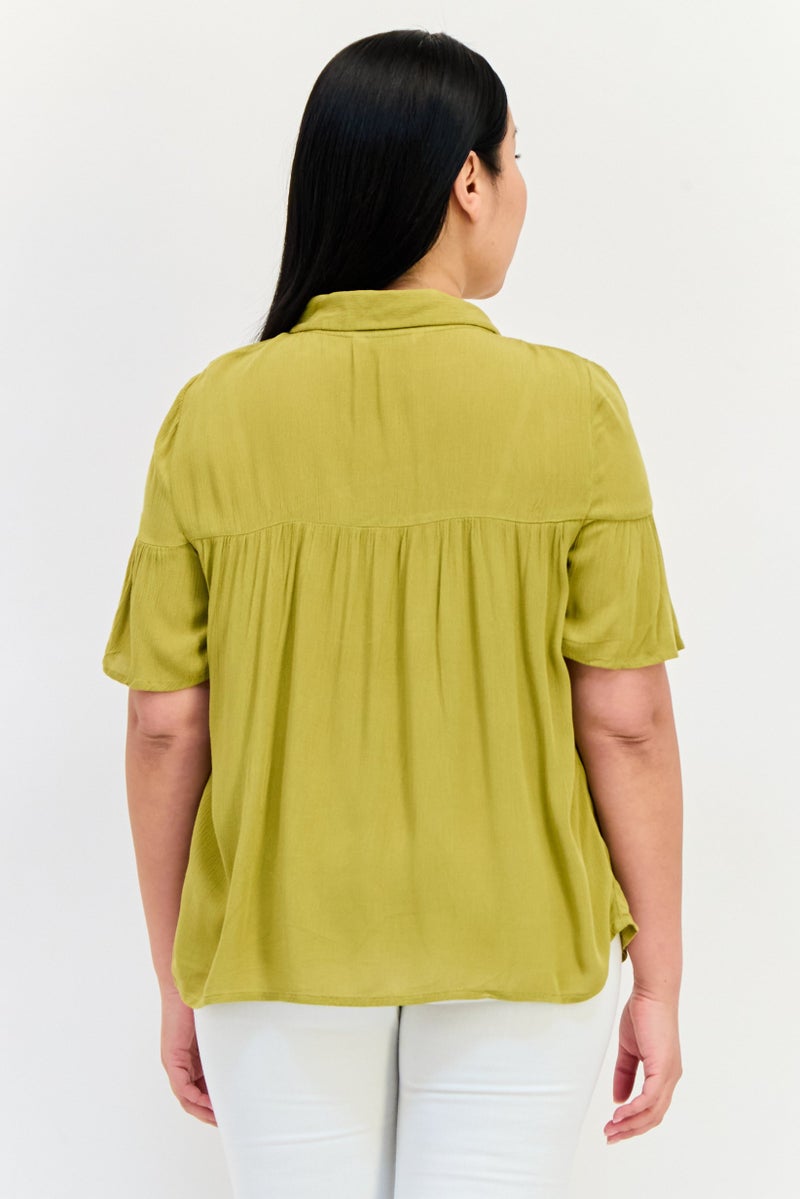 ONLY بلوزة نسائية بأكمام قصيرة وياقة مفتوحة، زيتوني - Image 3