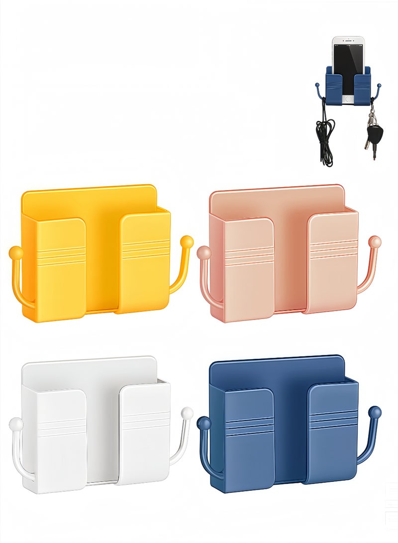 Peachjoy 4 Pcs Wall Mount Phone Holder Self-Adhesive Wall Beside Organizer Storage Box Plastic Charging Phone Stand Remote Brackets Holder for Bedroom (White, Yellow, Pink, Blue)  - Image 1