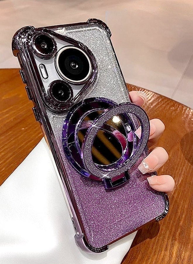 Magnetic Glitter Case for Huawei Pura 80 Ultra with Camera Lens Protector，Sparkly Stand，Mirror， Luxury Gradient Shockproof Huawei Pura 80 Ultra Cover for Women and Girls Gift，Purple - Image 1