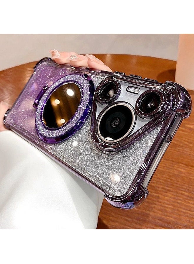 Magnetic Glitter Case for Huawei Pura 80 Ultra with Camera Lens Protector，Sparkly Stand，Mirror， Luxury Gradient Shockproof Huawei Pura 80 Ultra Cover for Women and Girls Gift，Purple - Image 2