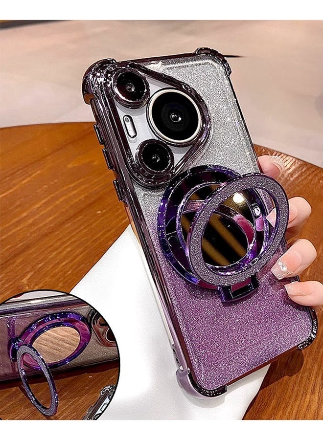 Magnetic Glitter Case for Huawei Pura 80 Ultra with Camera Lens Protector，Sparkly Stand，Mirror， Luxury Gradient Shockproof Huawei Pura 80 Ultra Cover for Women and Girls Gift，Purple - Image 3