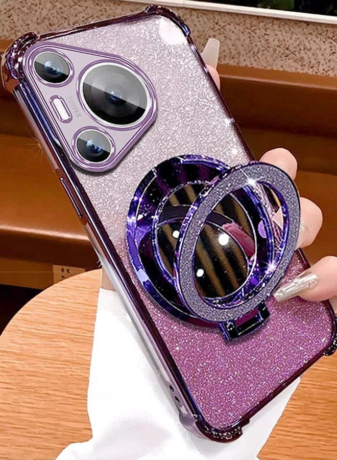 Magnetic Glitter Case for Huawei Pura 80 Ultra with Camera Lens Protector，Sparkly Stand，Mirror， Luxury Gradient Shockproof Huawei Pura 80 Ultra Cover for Women and Girls Gift，Purple - Image 4