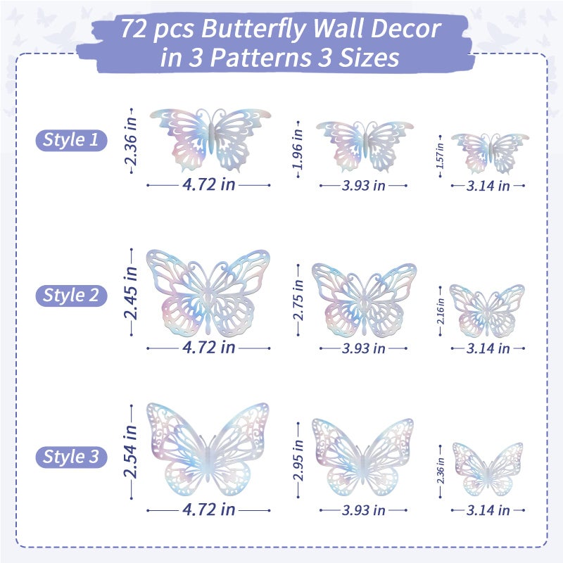 Aixoom 72 PCS Laser Butterfly Decorations, 3D Butterfly Decoration with 3 Styles 3 Sizes, Removable Wall Decor Stickers - Image 2