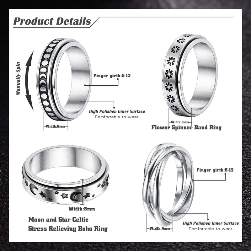 FUNRUN JEWELRY 4Pcs Stainless Steel Fidget Anxiety Ring for Women Men Fidget Spinner Rings Moon Star Celtic Stress Relieving Spinning Ring Wedding Band Rings Set Size 11 - Image 2
