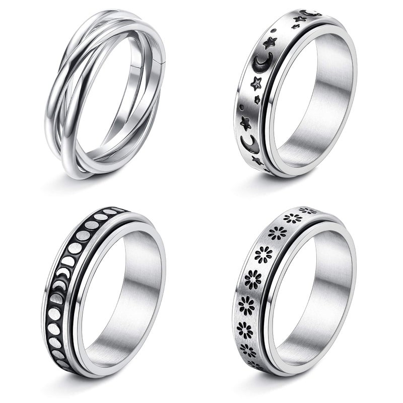 FUNRUN JEWELRY 4Pcs Stainless Steel Fidget Anxiety Ring for Women Men Fidget Spinner Rings Moon Star Celtic Stress Relieving Spinning Ring Wedding Band Rings Set Size 11 - Image 1