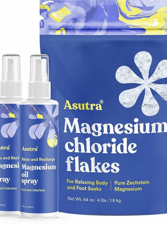Asutra Value Bundle of Topical Magnesium Chloride Oil Sprays (8 oz Total) + Magnesium Chloride Bath Flakes (4lbs Total) | Relieve Muscle Cramps & Joint Pain | Stress & Anxiety Relief | Pure Zechstein - Image 1